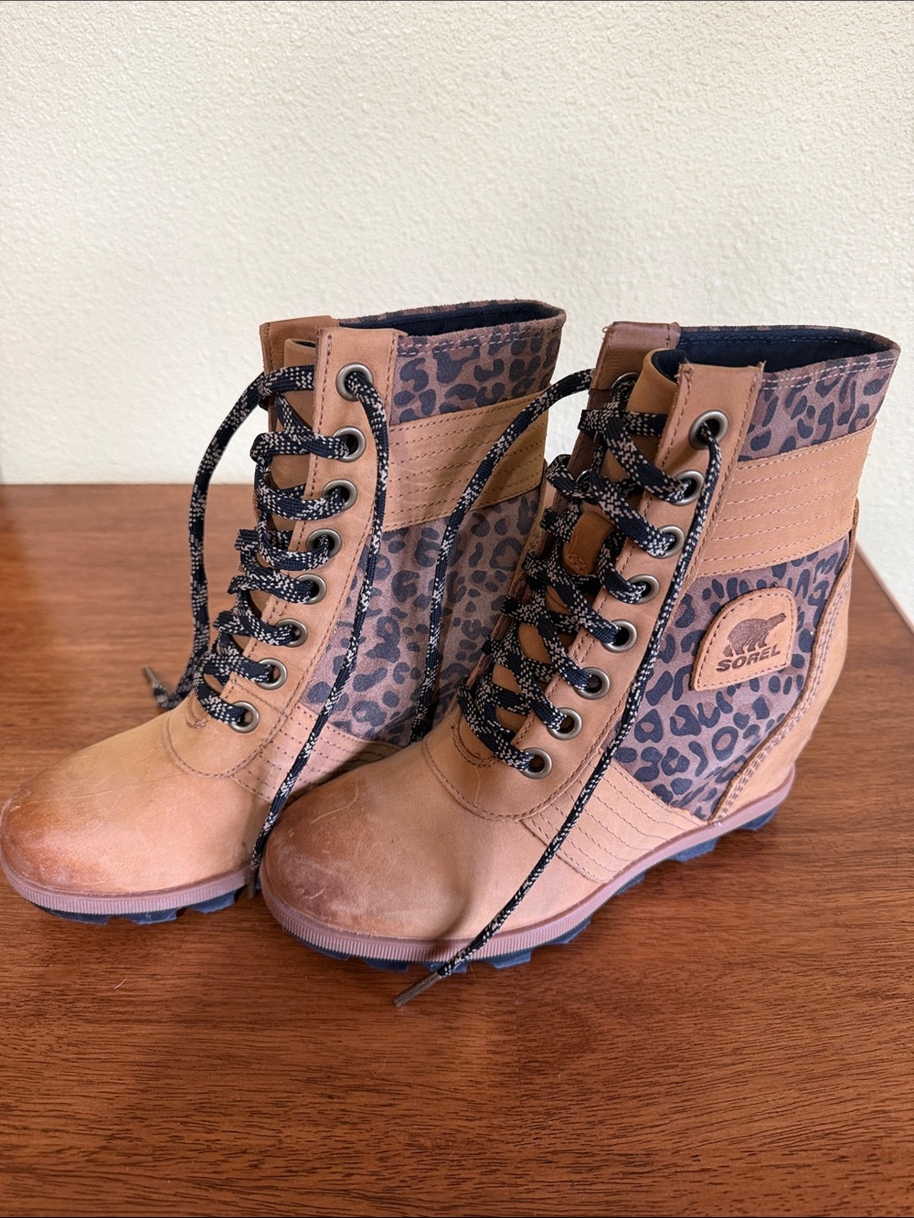 Sorel Tan Leather Lace-Up Ankle Boots with Leopard Panels